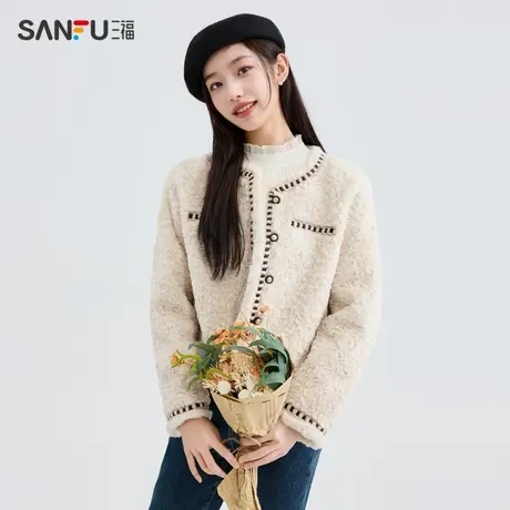 三福厚外套2023冬小香风毛绒包边口袋圆领优雅上衣女装480320商品大图