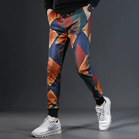 高端潮牌裤子男休闲裤秋冬款修身束脚潮流花裤子松紧腰男士裤子冬图片