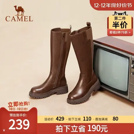骆驼女鞋2024春秋新款简约显瘦显腿长时装靴侧拉便利防滑高筒靴女图片
