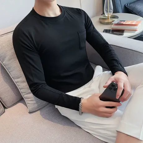 纯色长袖t恤男生秋季简约口袋百搭修身打底衫潮牌ins衣服学生体恤商品大图