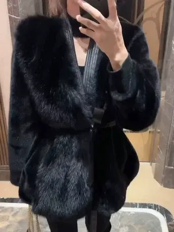 2023高端仿水貂欧貂皮草金貂绒显瘦黑色腰带浴袍款保暖毛毛外套女商品大图