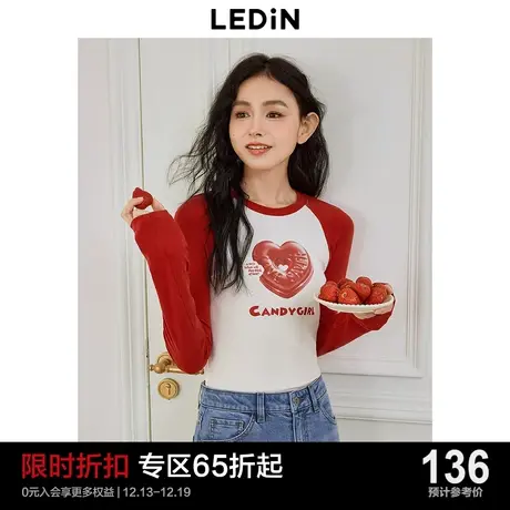 乐町爱心糖果长袖T恤女2024春季新款撞色圆领红色插肩袖内搭上衣图片