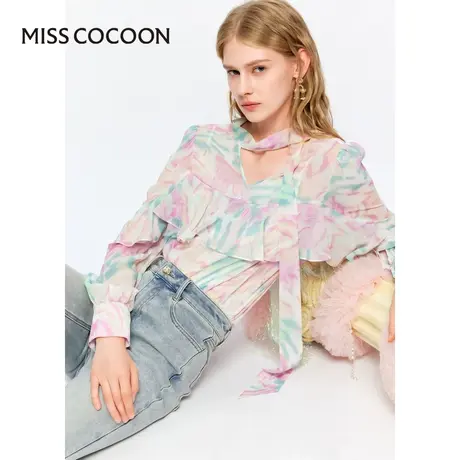 MISSCOCOON【漫拾光旅】24春新款浪漫度假彩色晕染荷叶边雪纺衬衫商品大图