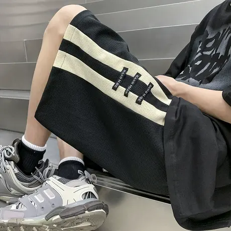 华夫格拼色短裤男夏季设计感小众高街五分裤子潮牌运动篮球大裤衩图片