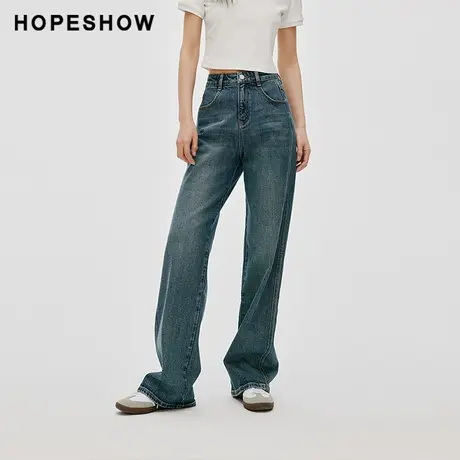红袖做旧水洗直筒牛仔裤hopeshow2024春新款帅气通勤休闲长裤女商品大图