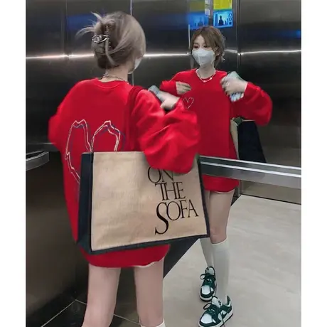 龙年爆款2024本命年衣服oversize红色圆领卫衣女秋冬新款加绒上衣商品大图