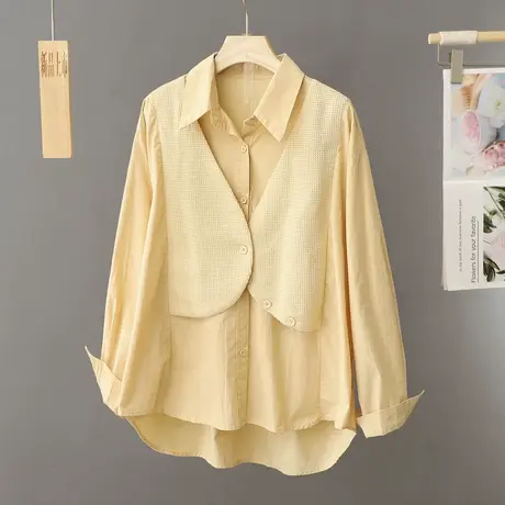 早春新款韩版洋气马甲衬衫女假两件套春秋中长款坎肩衬衣黄色上衣图片