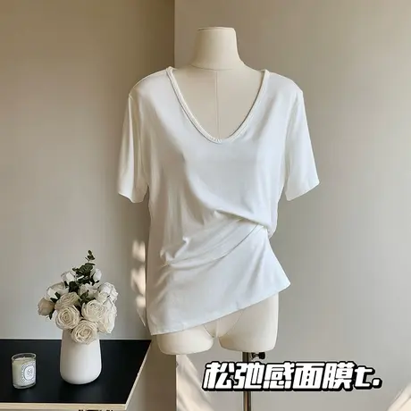 面膜T中长款冰丝短袖t恤女基础款百搭大圆领宽松白色半袖体恤上衣商品大图