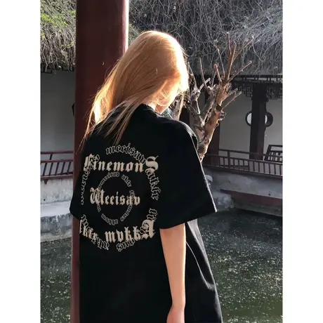 黑色纯棉短袖t恤女美式复古潮牌夏季oversize宽松休闲半袖上衣服图片