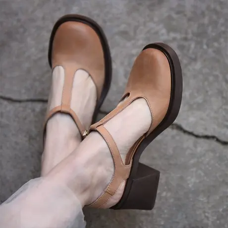 Artmu阿木原创粗跟玛丽珍鞋包头凉鞋T字带高跟凉鞋女2024年新款图片