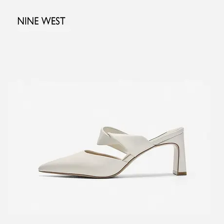 Nine West/玖熙尖头一字带高跟凉鞋2024年夏季新款骨牌跟裸色单鞋图片