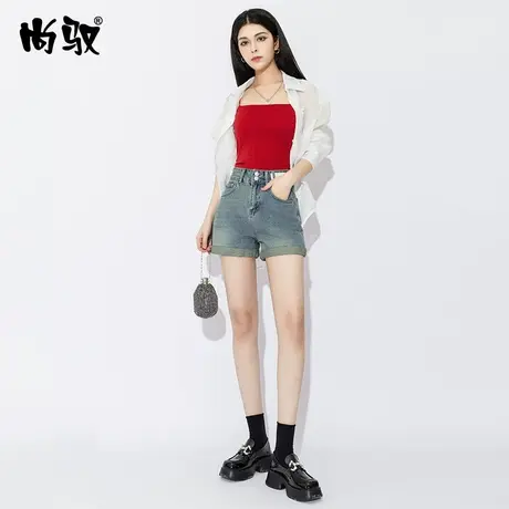 复古高腰洗水牛仔短裤女2023夏新款A版热裤浅蓝色卷边裤脚牛仔裤图片
