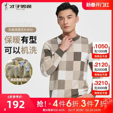 才子男装半高领羊毛针织衫男2023秋冬季新款格子提花圆领套头毛衣图片