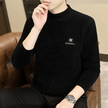 新款雪貂半高领毛衣男士冬季保暖加厚羊毛衫潮纯色套头打底针织衫商品大图