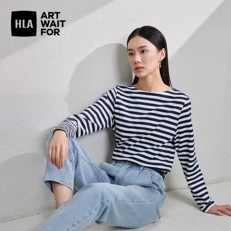HLA/海澜之家一字领长袖T恤2024春夏新款微弹柔软透气长t女装商品大图