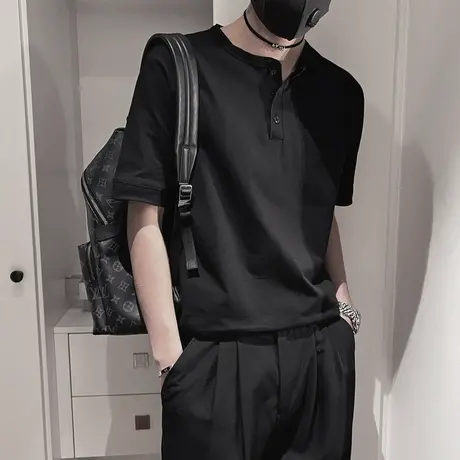 夏季纯色重磅亨利领短袖POLO衫男ins潮牌雅痞半袖T恤修身打底上衣商品大图