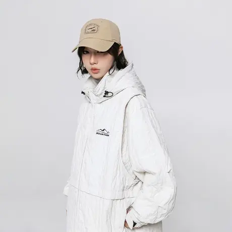 潮牌假两件连帽外套女春秋2024年新款复古街头宽松情侣装夹克上衣商品大图