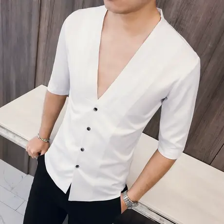 网红潮牌短袖衬衫夏季夜场发型师痞帅男韩版个性ins七分袖V领衬衣商品大图