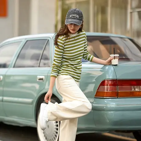 【条纹针织打底衫】23年秋装新款简约圆领休闲撞色高弹针织衫女商品大图