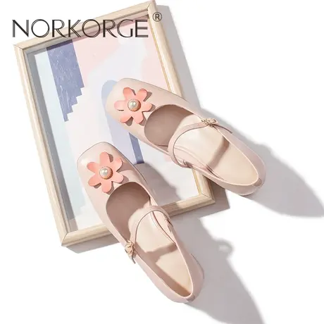 原创新款手工复古仙女风温柔雾粉色JK玛丽珍单鞋女鞋真皮方头粗跟图片