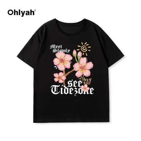 Ohlyah潮牌植物花卉樱花印花纯棉短袖T恤男女款夏ins高街宽松上衣商品大图