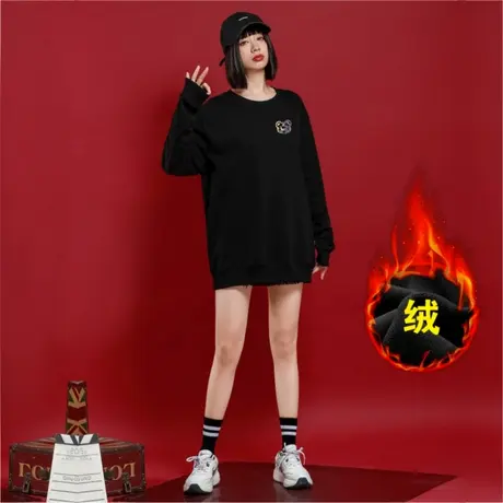 潮牌加绒无帽卫衣女2023秋冬本命年新款女装韩版宽松中长款外套女商品大图