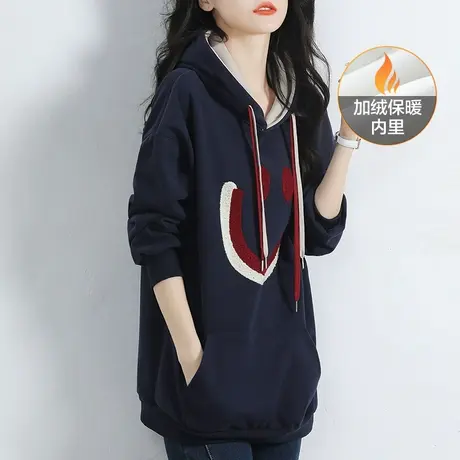 韩潮袭人学院风连帽刺绣加绒女士卫衣2023冬季新款显瘦中长款上衣图片