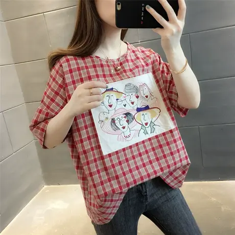 格子棉麻短袖t恤女2023夏装新款拼色半袖体恤上衣学院风时尚亚麻商品大图