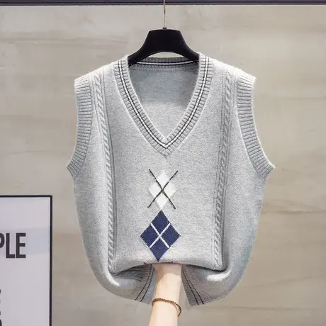 学院风菱格v领针织马甲背心女2023秋装新款宽松马夹外穿毛衣坎肩商品大图