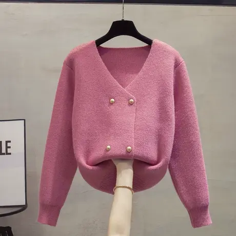 v领针织开衫女2023秋装新款宽松慵懒风外穿上衣外搭厚毛衣外套潮图片