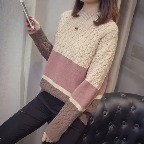短款麻花拼色毛衣女秋冬季新款韩版宽松套头针织衫复古上衣图片