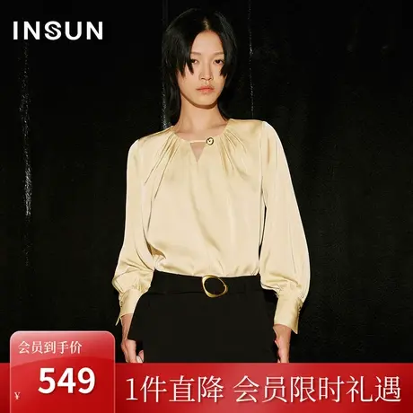 恩裳COVER2023秋季新款仿醋酸缎面复古上衣宽松立体剪裁褶皱衬衫图片