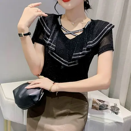 欧货荷叶边T恤女2023新款重工烫钻性感V领网纱洋气上衣百搭小衫夏商品大图