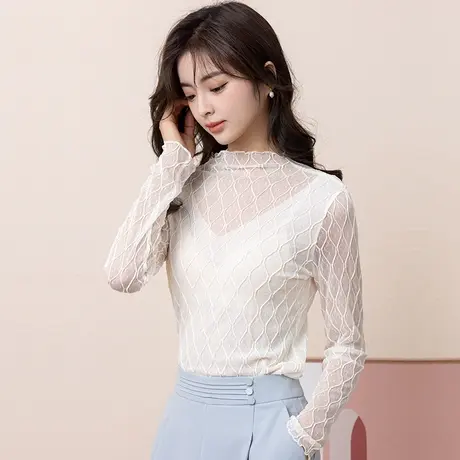 白色半高领蕾丝打底衫女春秋2023新款镂空网纱高级感上衣内搭小衫商品大图