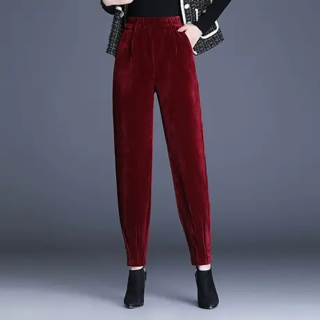 红色哈伦裤女秋冬雪尼尔休闲长裤子2023新款高腰宽松束脚萝卜裤厚商品大图