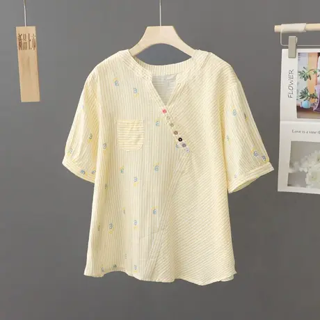 夏装新款文艺范条纹V领印花短袖t恤女宽松套头休闲体恤衫百搭上衣商品大图