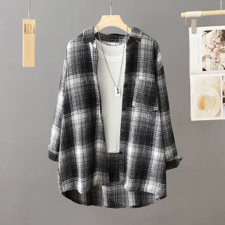 休闲黑白格子衬衫式外套女春秋季2023新款宽松中长款衬衣开衫上衣商品大图