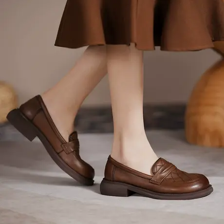 吐火罗女鞋2022新款秋季圆头英伦风小皮鞋百搭粗跟软底一脚蹬单鞋商品大图