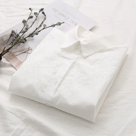 春夏季新款韩版百搭勾花镂空纯棉白色衬衫女学生日系长袖打底上衣商品大图