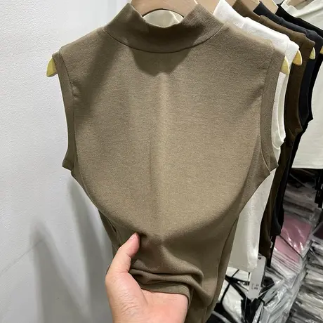 气质半高领纯色无袖T恤女2023早秋新款修身百搭打底衫背心上衣潮商品大图