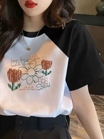 欧货2023夏季新款黑白拼接撞色仿棉爱心短袖t恤女韩版宽松上衣潮图片