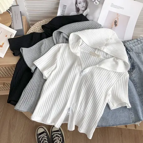 连帽短袖T恤女2022年新款夏装修身百搭短款半袖别致小上衣ins显瘦商品大图