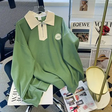 古着polo领卫衣女春秋薄款2023新款宽松设计感美式复古半拉链上衣图片