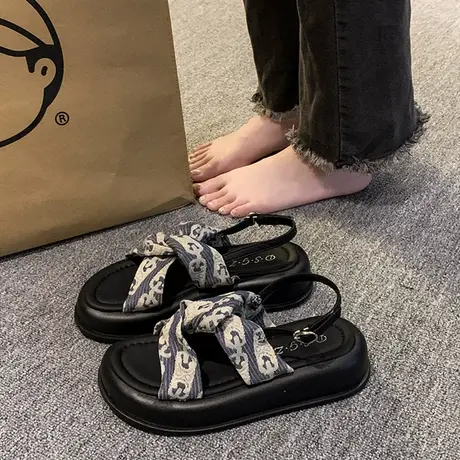 复古森系夏日凉鞋女2023年新款松糕厚底沙滩鞋女海边配裙子罗马鞋商品大图