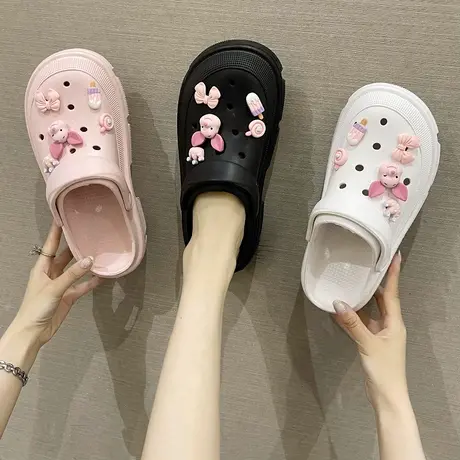 洞洞鞋女夏季ins潮卡通可爱小猪松糕厚底防滑包头外穿沙滩凉拖鞋商品大图