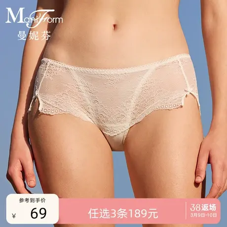 3条189元|曼妮芬性感蕾丝短裤中腰女士纯棉底裆内裤本命年红底裤商品大图