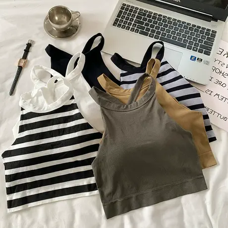 甜辣风黑白色带胸垫吊带背心女夏季外穿美背裹胸短款露背抹胸上衣商品大图