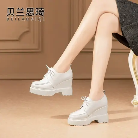 真皮舒适圆头厚底深口系带坡跟单鞋女2025春秋季新款防水台高跟鞋图片