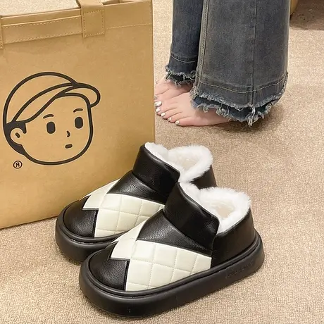 PU皮防水棉拖鞋女冬季时尚外穿厚底包跟室内家居加绒保暖毛毛棉鞋商品大图