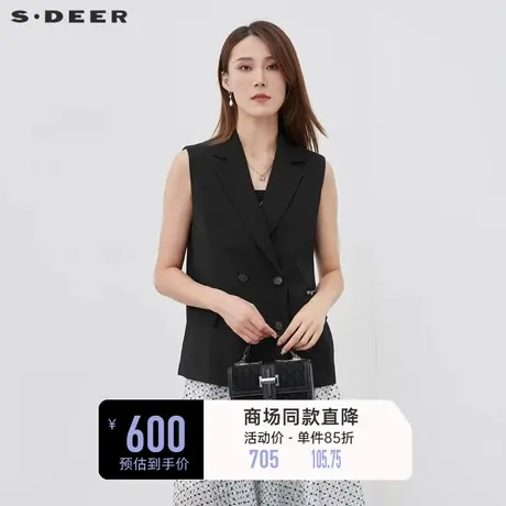 sdeer圣迪奥夏季女装西装领双排扣拉链拼接薄款无袖马甲S222Z1601商品大图
